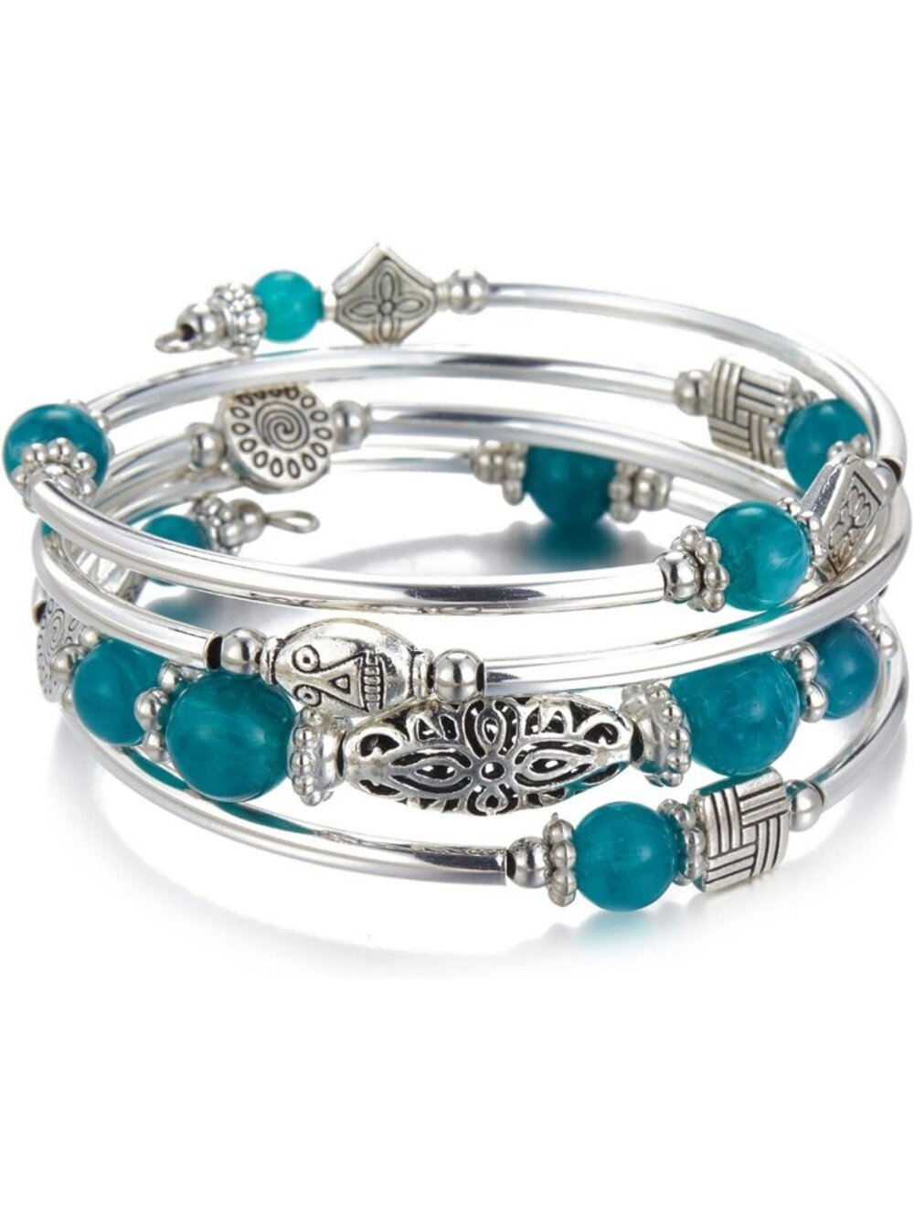 Layered Wrap Bangle Bracelet with Turquoise & Natural Agate - Perfect Gift for